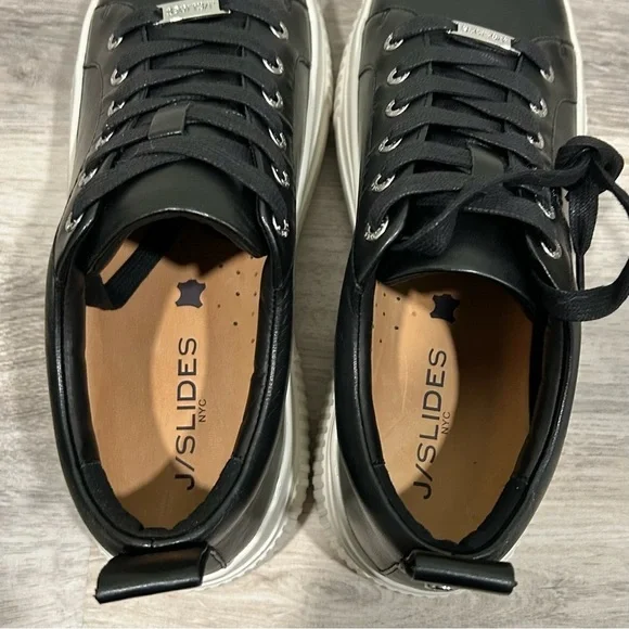 NIB J/SLIDES NYC West Black Leather Sneaker Shoes White Platform Soles Size 9M - Picture 7 of 12
